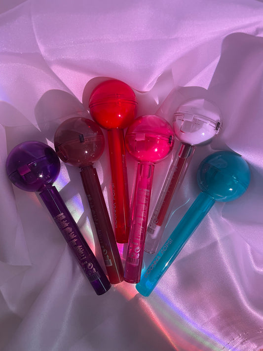 Colorful lollipop-shaped lip balms